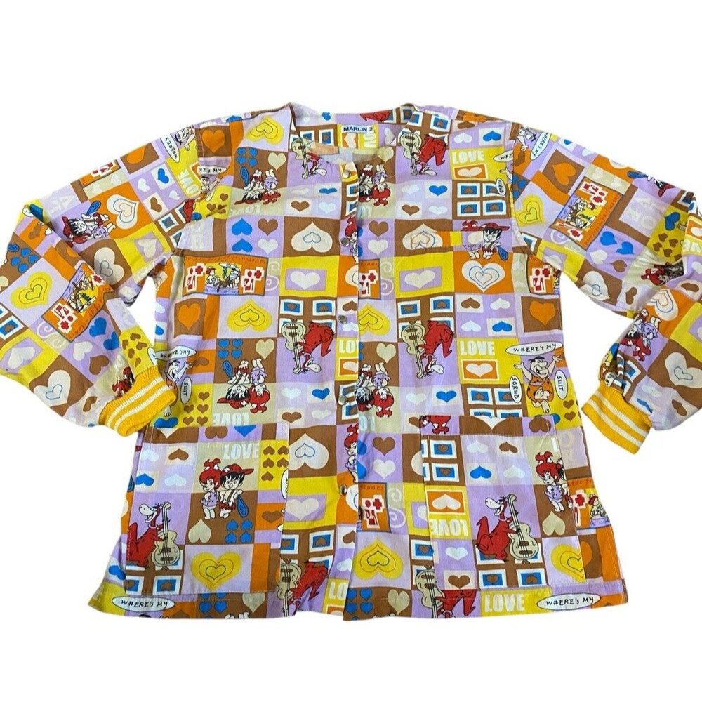 Marlin Flintstones Scrub Top Cartoon Print Brown Purple Medical Nurse Women’s M